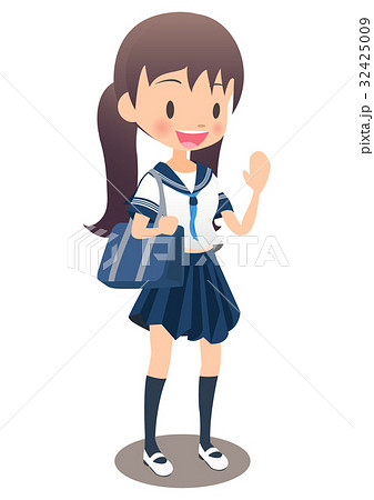 下校する青いリボンの制服を着た女子学生のイラスト素材