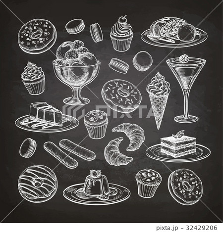Set of dessert on chalkboard. 32429206
