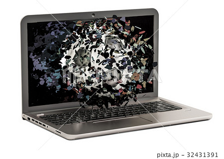 Soccer ball flying through broken monitor 32431391