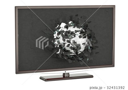 Soccer ball flying through broken screen of TV Soccer ball flying through broken screen of TV 32431392