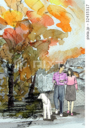 愛犬と散歩する女性　愛犬　散歩　女性　家族　女性 32435317