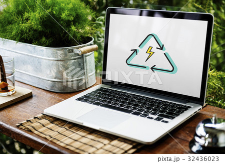 Network connection graphic overlay background on laptop screen 32436023