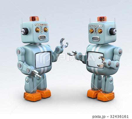 レトロロボットたちが楽しいおしゃべりに夢中のイラスト素材