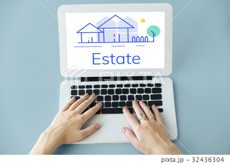 Hands working on laptop network graphic overlay Hands working on laptop network graphic overlay 32436304