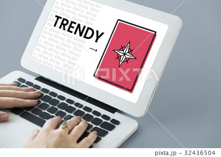 Hands working on laptop network graphic overlay 32436504