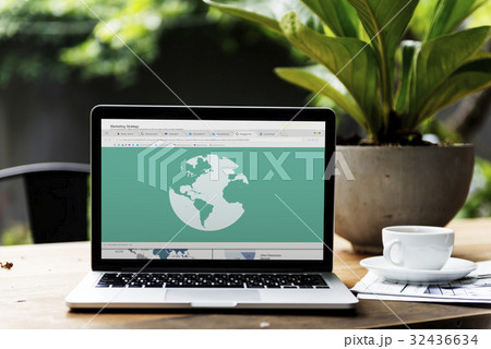 Network connection graphic overlay background on laptop screen 32436634