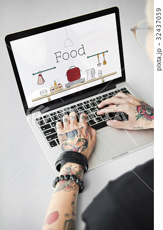 Illustration of food cooking kitchen utensil on laptop Illustration of food cooking kitchen utensil on laptop 32437059