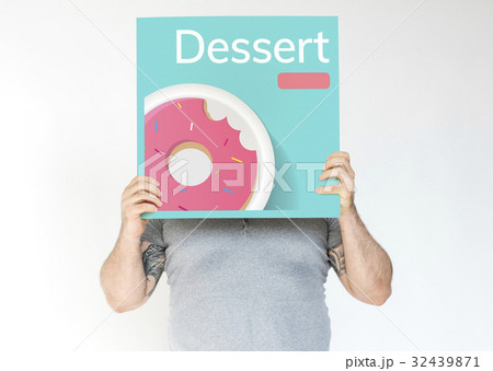 Man holding banner of sweet dessert donut pastry commercial illustration 32439871