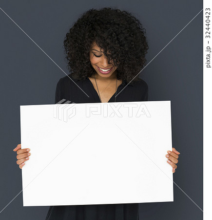 African descent woman holding placard African descent woman holding placard 32440423
