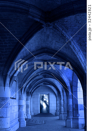 Corridor in medieval castle with open door 32442821