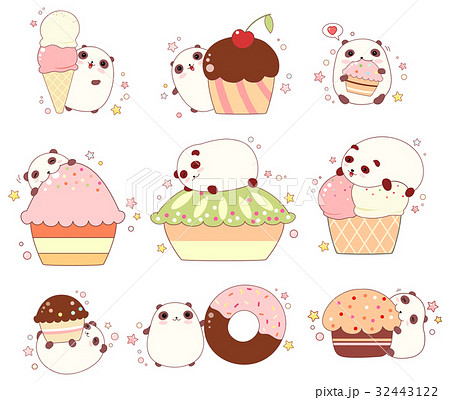 Set Of Cute Pandas With Ice Cream And Cupcakesのイラスト素材