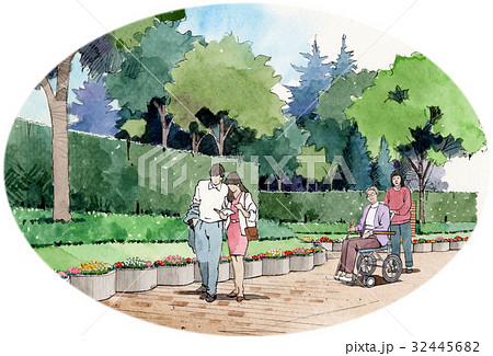 高齢者 要介護者 車椅子でお散歩する母と娘 家族で歩く 公園の風景 ユニバーサルマナー バリアフリーのイラスト素材