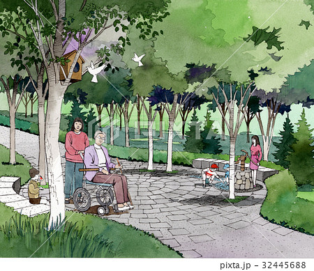 介護 車椅子 散歩 家族で歩く 公園の風景 ユニバーサルマナー バリアバリュー ユニバーサルデザインのイラスト素材