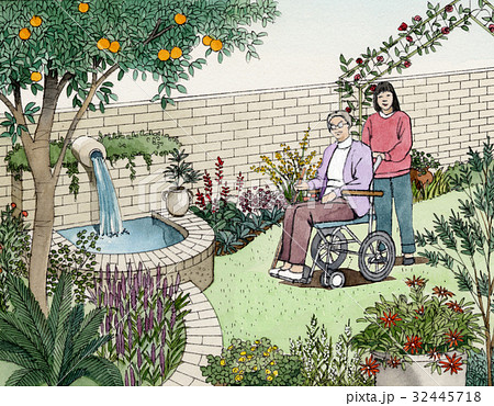 高齢者、要介護者、車椅子でお散歩する 家族で歩く 公園の風景 ユニバーサルマナー バリアバリュー 高齢者、要介護者、車椅子でお散歩する 家族で歩く 公園の風景 ユニバーサルマナー バリアバリュー 32445718
