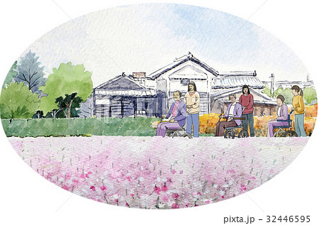 車椅子　高齢者施設　コスモス　家族で歩く　公園の風景　ユニバーサルマナー　バリアバリュー 32446595