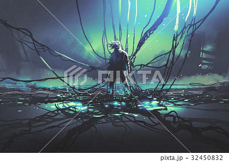 man with many black cables against dark factory man with many black cables against dark factory 32450832