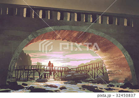 river pass under old bridge at sunset 32450837