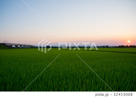 さいたま市　荒川河川敷より夕景の秩父方面を望む 32453008