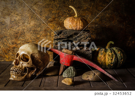 Still Life Skull and pumpkin on the timber. Still Life Skull and pumpkin on the timber. 32453652