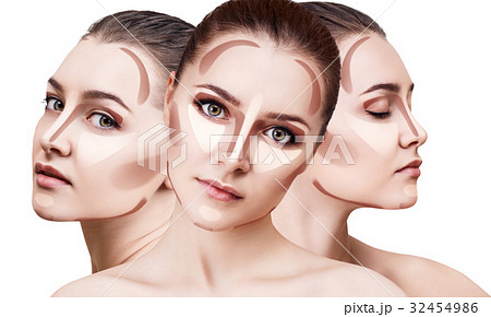 Collage of woman's faces with contouring makeup. 32454986
