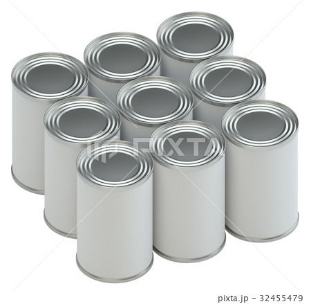 Group of metal tin cans with white paper labels 32455479