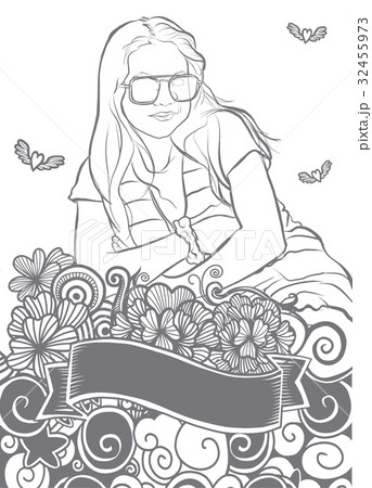 Portrait of beautiful girl with Flower doodle Portrait of beautiful girl with Flower doodle 32455973