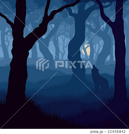 Square illustration of wolf howling at moon. 32456842