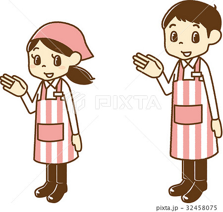 案内するエプロン姿の男女のイラスト素材
