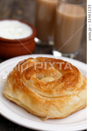 Traditional Bulgarian pastry Banitsa and beverage boza Traditional Bulgarian pastry Banitsa and beverage boza 32461135