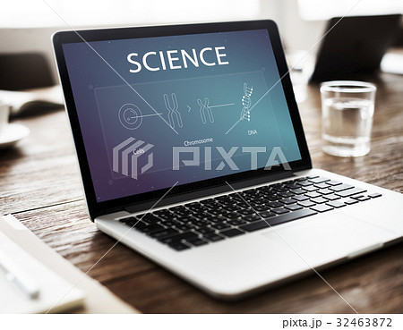 Laptop on the table with DNA Cells chromosome icons 32463872