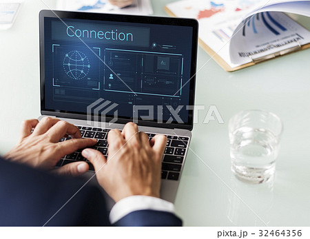 Businessman connected with global communications network Businessman connected with global communications network 32464356