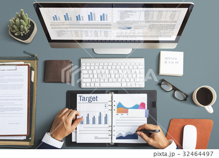 Hand working on notebook network graphic overlay 32464497