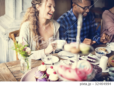 Friends Gathering Together on Tea Party Eating Cakes Enjoyment h Friends Gathering Together on Tea Party Eating Cakes Enjoyment h 32464994