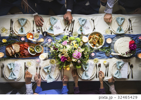 Wedding Reception Table Setting Aerial Top View 32465429