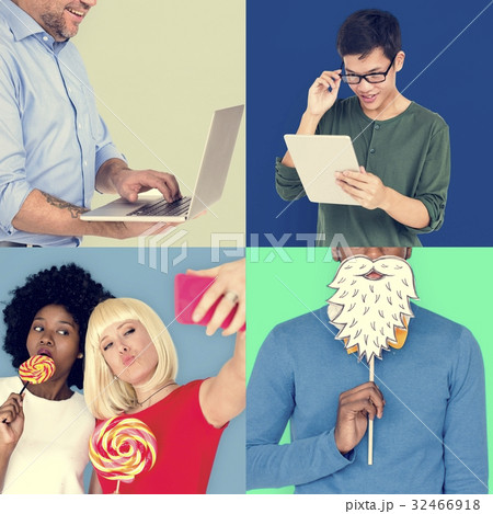 Set of Diverse People with Social Media Technology Studio Collag 32466918