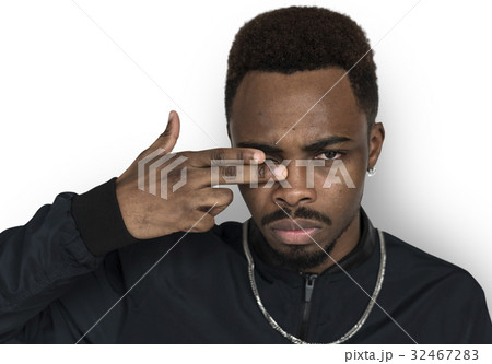African Descent Man Serious Hand Gesture 32467283