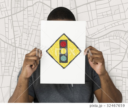 Man holding network graphic overlay banner 32467659