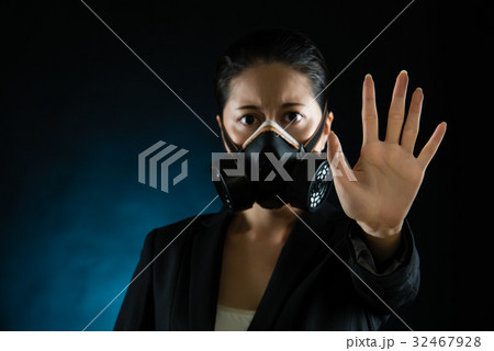woman in protective mask with reject gesture hand. 32467928