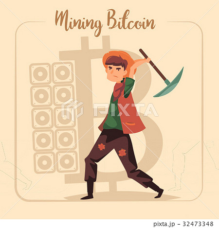 Bitcoin mining concept with young man of gold rush 32473348