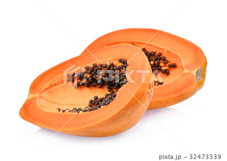 half of ripe papaya fruit with seeds isolated half of ripe papaya fruit with seeds isolated 32473539