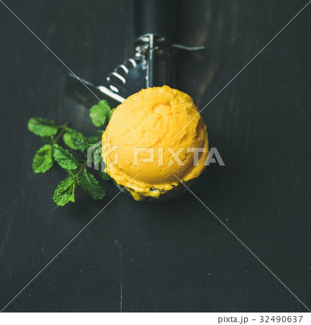 Mango sorbet ice cream scoop in scooper, square Mango sorbet ice cream scoop in scooper, square 32490637