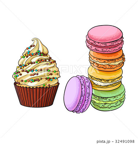 Hand drawn desserts - cupcake and stack of Hand drawn desserts - cupcake and stack of 32491098