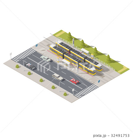 Tram station side of the road isometric icon set 32491753