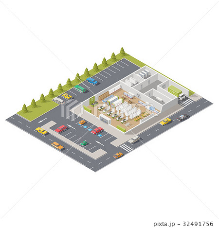 Supermarket in section with parking Supermarket in section with parking 32491756