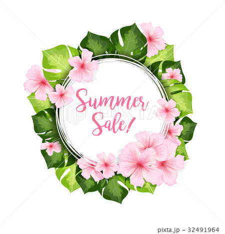 Summer Sale circle banner with green leaves and Summer Sale circle banner with green leaves and 32491964