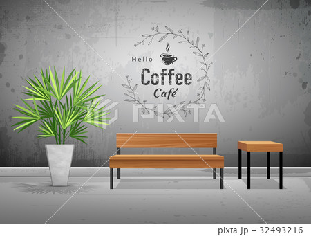 tropical tree in cement pots  with wooden chair 32493216