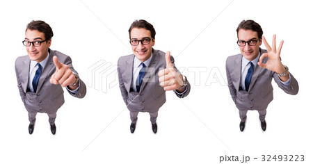 Funny businessman pressing virtual buttons Funny businessman pressing virtual buttons 32493223