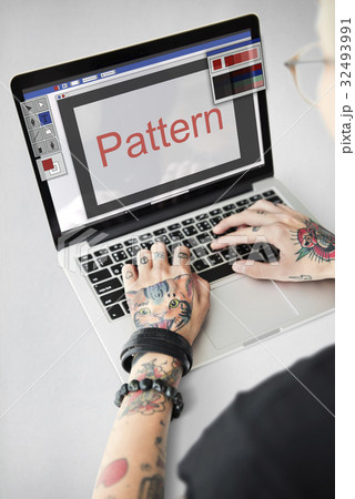 Hands working on laptop network graphic overlay Hands working on laptop network graphic overlay 32493991