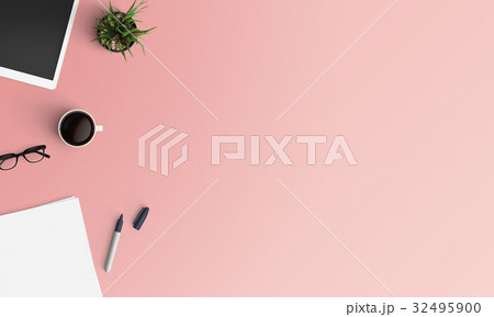 Modern workplace with notebook, smartphone, tablet, pencil and coffee cup copy space on color background. Top view. Flat lay style. 32495900