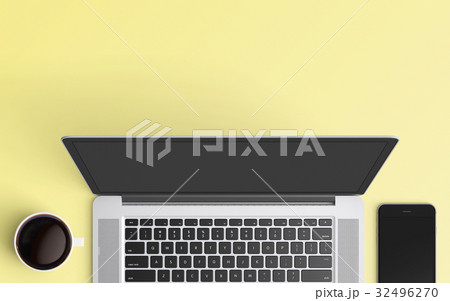 Modern workspace with laptop, coffee cup and smartphone copy space on color background. Top view. Flat lay style. Modern workspace with laptop, coffee cup and smartphone copy space on color background. Top view. Flat lay style. 32496270